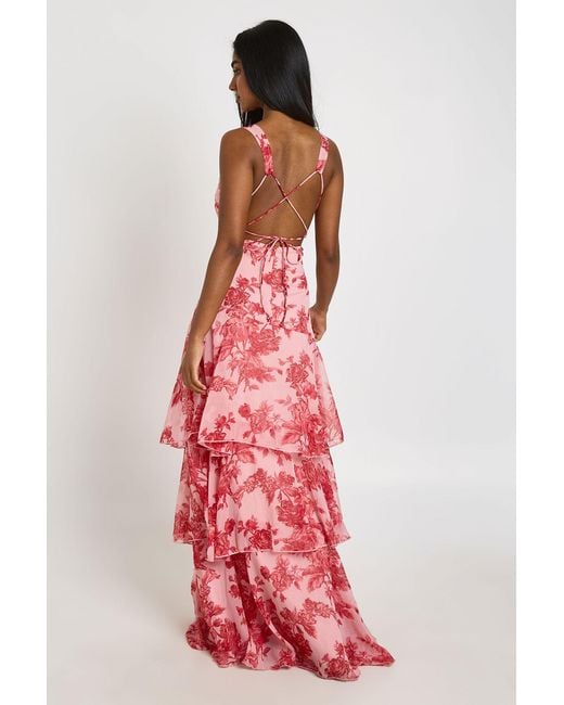 Boohoo Chiffon Plunge Front Floral Tiered Maxi Dress