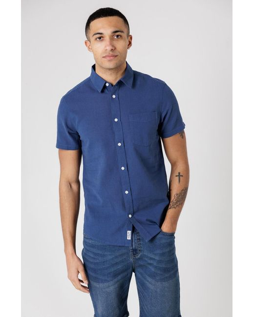 Tokyo Laundry Blue Dark Linen Blend Short Sleeve Button-Up Shirt With Chest Pocket for men