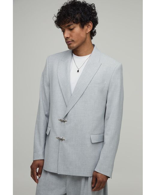 BoohooMAN Gray Pinstripe Clasp Detail Relaxed Fit Suit Jacket
