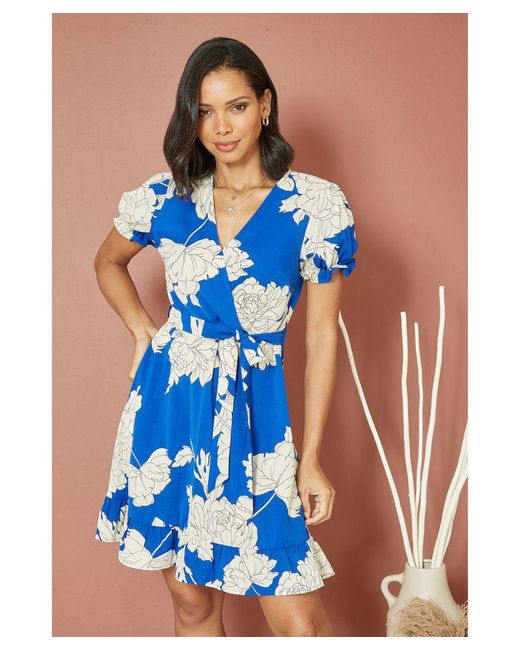 Mela London Blue Blossom Print Wrap Dress With Puff Sleeves