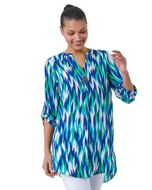 Roman Blue Abstract Longline Button Detail Tunic Top
