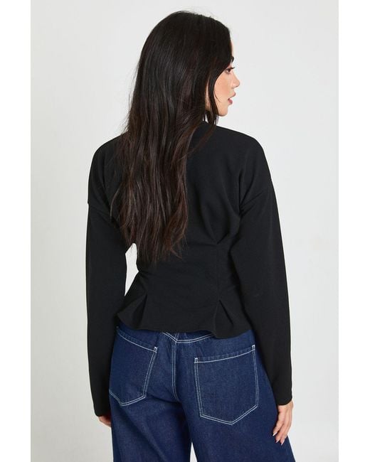 Boohoo Black Crepe Long Sleeve Cinched Waist Top