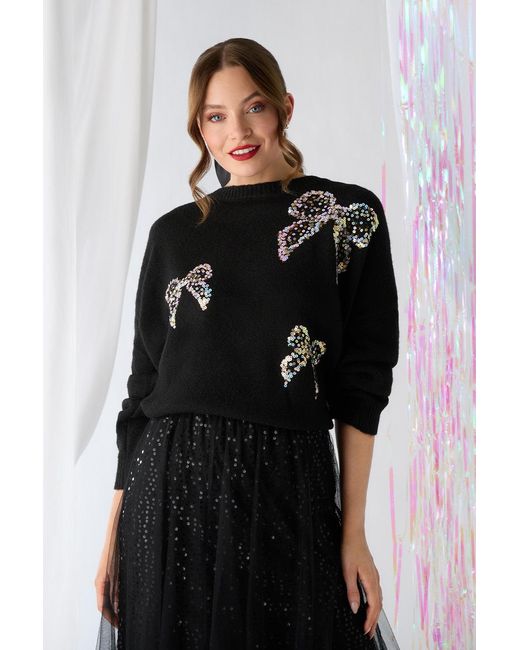 Izabel London Black Sequin Bow Detail Drop Shoulder Jumper