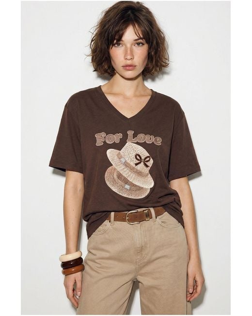 Bianco Lucci Brown Oversized V-Neck Printed T-Shirt