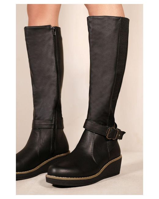 Where's That From Black 'Ayleen' Wedge Heel Knee High Boots With Elastic Panel