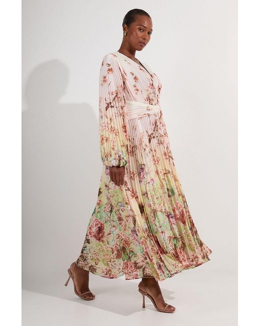 Karen Millen Natural Plus Size Scattered Floral Balloon Sleeve Pleated Crinkle Cut Out Woven Maxi Dress