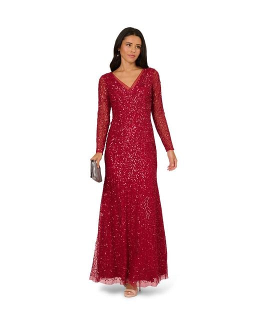 Adrianna Papell Red Long Sleeve Bead Dress