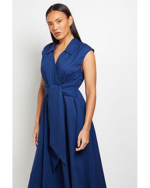 Wallis Blue Linen Blend Belted Midi Dress