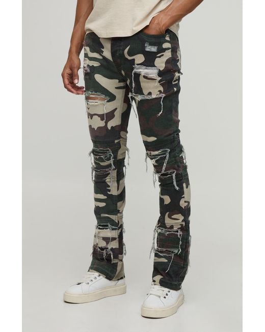 BoohooMAN Green Camo Stacked Skinny Flared Distressed Jeans for men