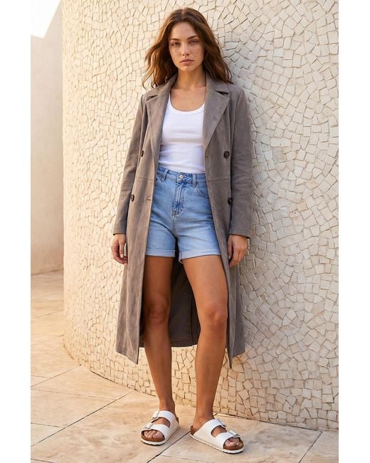Roman Brown Petite Faux Suede Trench Coat