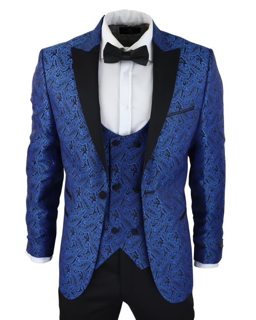 TruClothing Blue Tuxedo Blazer Waistcoat Brocade Satin Paisley Dinner Jacket for men