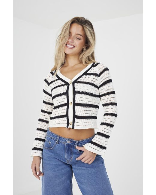 Brave Soul White 'Trixie' Striped V-Neck Knitted Cardigan Cotton/Acrylic