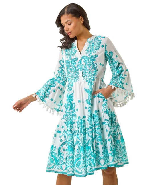 Roman Blue Embroidery Bead Detail Smock Dress