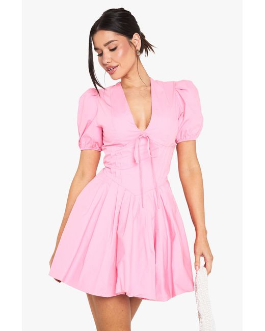 Boohoo Pink Tall Corset Detail Puff Sleeve Milkmaid Skater Dress