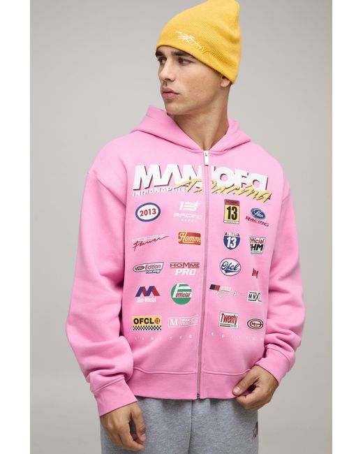 BoohooMAN Pink Oversized Boxy Moto Printed Zip Through Hoodie for men