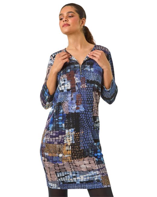 Roman Blue Pebble Spot Zip Detail Midi Dress
