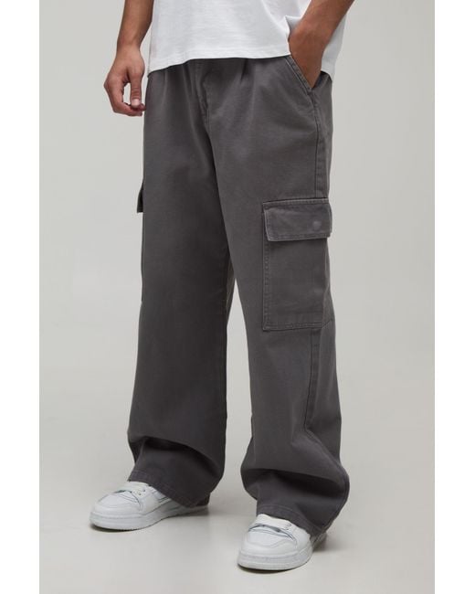 BoohooMAN Black Wide Fit Half & Waistband Cargo Pocket Washed Twill Trouser for men
