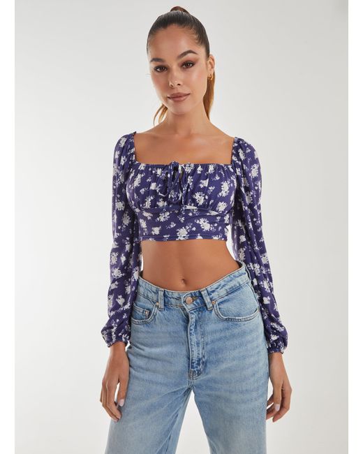 Pink Vanilla Blue Floral Printed Long Balloon Sleeve Top