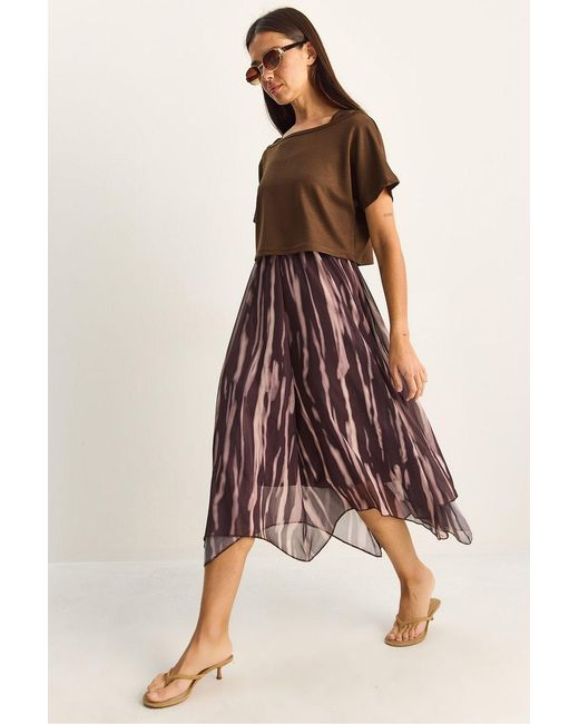 Bianco Lucci Brown Abstract Print Boat Neck Midi Dress