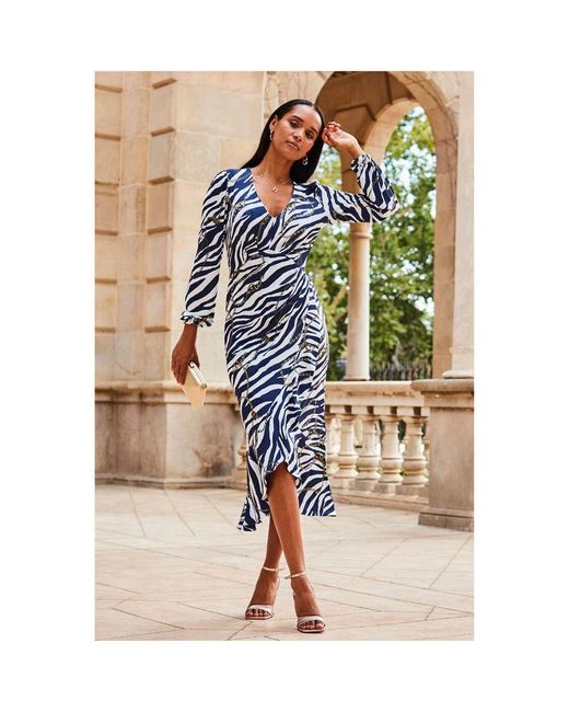 Sosandar Blue Animal & Chain Print Ruffle Hem Wrap Dress