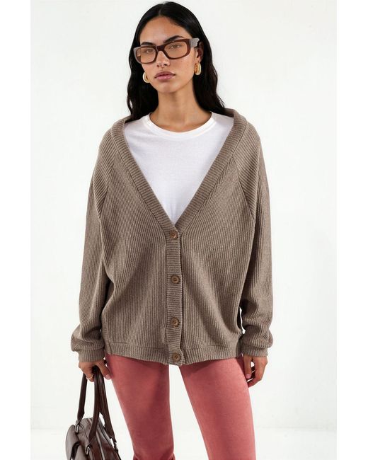 Busem Brown Ribbed V-Neck Button Cardigan