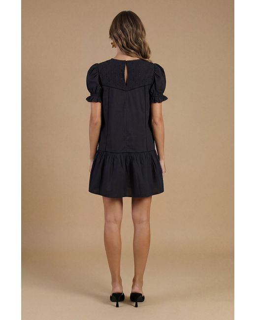 Oasis Blue Broderie Lace Trim Detail Puff Sleeve Mini Dress
