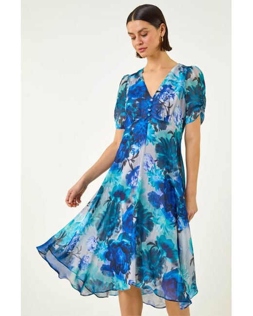 Roman Blue Floral Print Chiffon Midi Dress