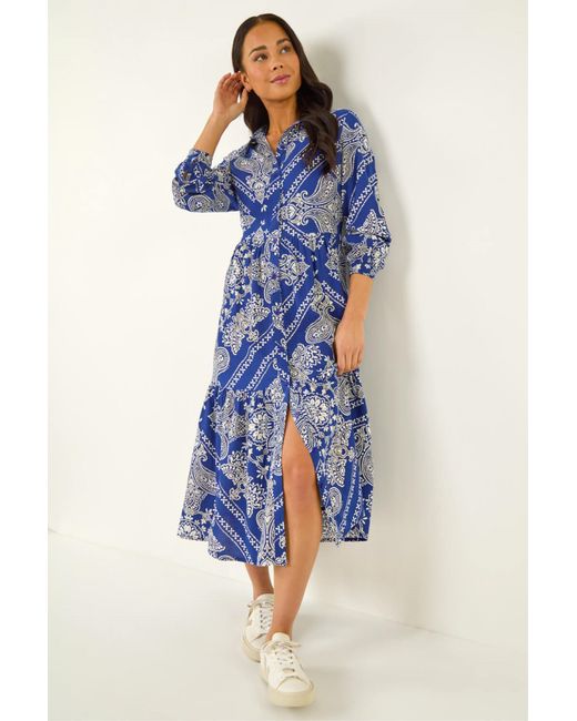 Roman Blue Petite Print Tiered Shirt Midi Dress