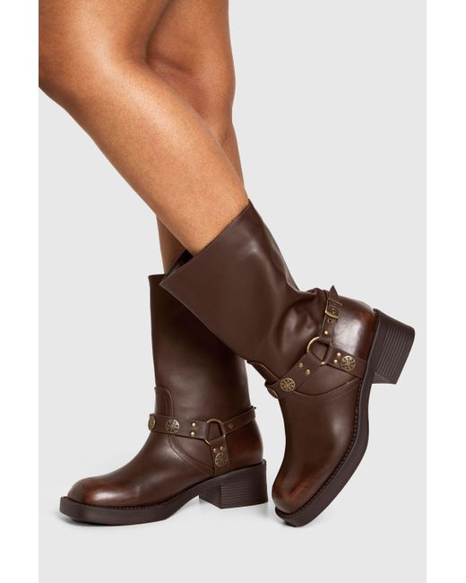 Boohoo Brown Western Style Buckle Detail Boots