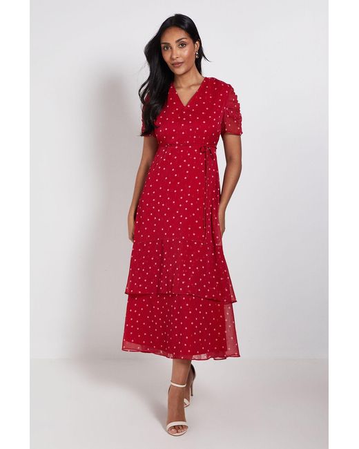 Wallis Red Petite Polka Dot Glitter Ruffle Midi Dress