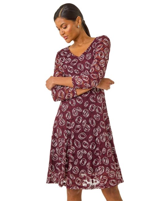 Roman Red Geo Print Lace Stretch Dress