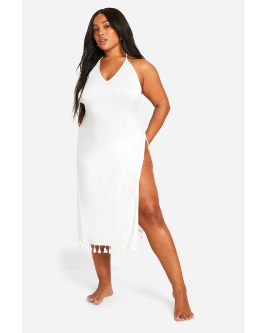 Boohoo White Plus Tassel Hem Split Beach Dress