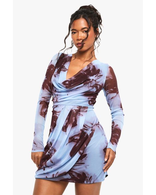 Boohoo Blue Blurred Floral Cowl Wrap Mini Dress