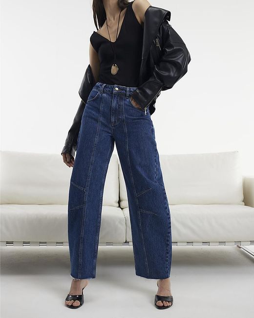 River Island Blue Wide Leg Jeans Mid Rise Seamed Barrel Cotton
