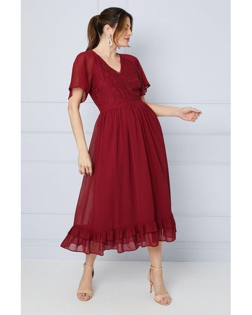 Wallis Red Lace Bodice Angel Sleeve Ruffle Hem Midi Dress