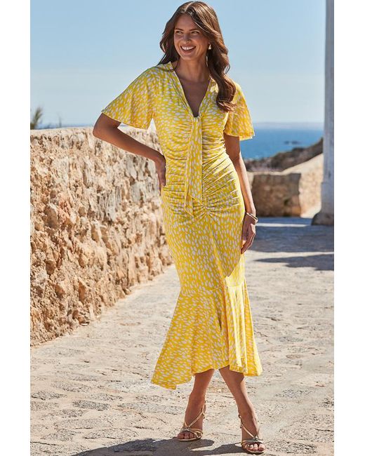 Sosandar Blue Spot Print Ruched Front Frill Hem Jersey Midaxi Dress