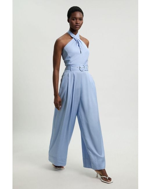 Karen Millen Blue Premium Viscose Linen Cross Front Halter Belted Woven Wide Leg Jumpsuit