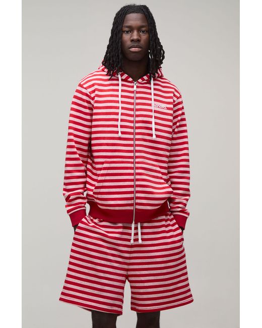 BoohooMAN Red Regular Fit Stripe Zip Through Hooded Short Tracksuit for men