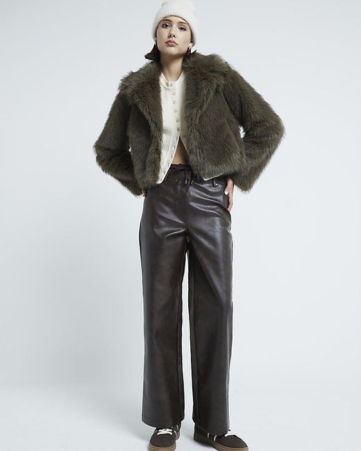 River Island Brown Trousers Faux Leather Tailored Hybrid Pu