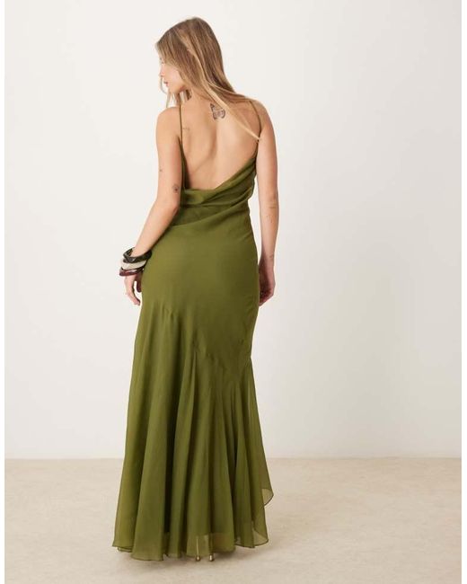 ASOS Green Racer Neck Low Cowl Back Maxi Dress With High Low Frill Hem