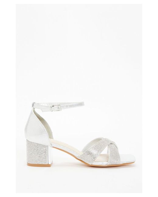 Quiz White Wide Fit Shimmer Diamante Heeled Sandals