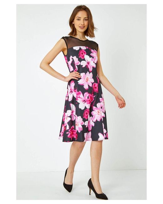 Roman Pink Premium Stretch Floral Mesh Dress