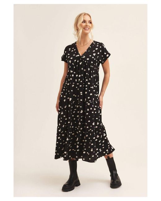Gini London Black Polka Dot V Neck Tiered Midi Dress