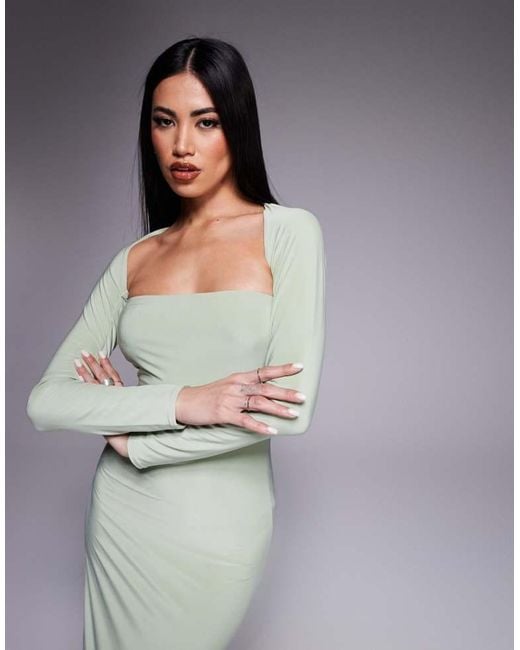 Kaiia Blue Exclusive Double Layered Slinky Bandeau Maxi Dress With Long Sleeve Shrug