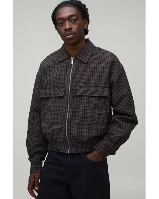 BoohooMAN Gray Boxy Fit Textured Check Harrington Jacket for men