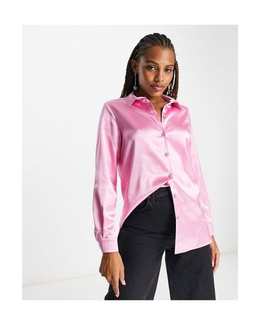 Miss Selfridge Pink Oversized Satin Shirt With Diamante Buttons