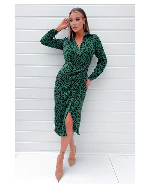AX Paris Green Animal Print Button Gathered Midi Dress