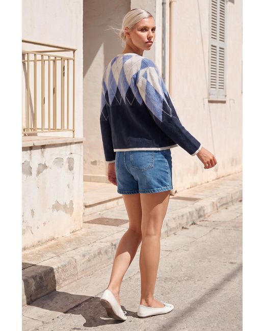 Roman Blue Petite Buttoned Argyle Knit Cardigan