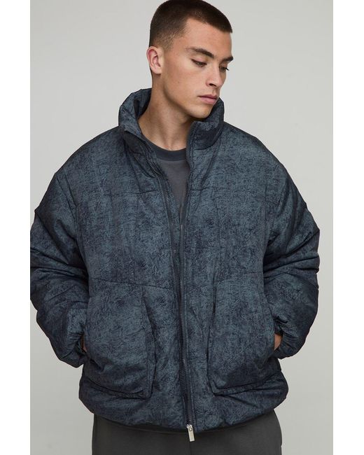 BoohooMAN Blue Oversized Boxy Fit Washed Nylon Padded Funnel Neck Puffer Jacket for men