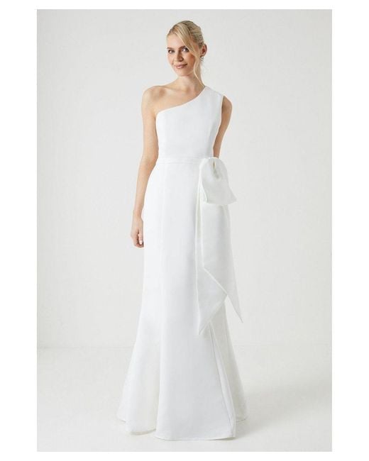 Coast White Structured Satin Statement Bow One Shoulder Bridal Dress